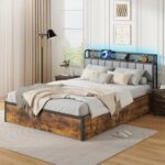 Twin/Full/Queen Bed Frame with LED Lights, Upholstered Headboard and 4 Storage Drawers