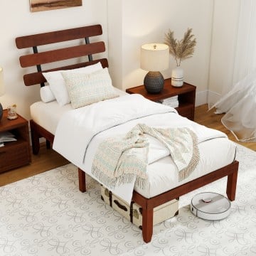 Twin/ Full/ Queen Size Bed Frame 15.5 Inch Solid Wood Platform Bed with Retro Headboard