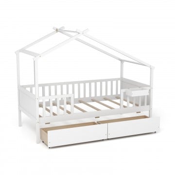 Twin House Bed with 2 Storage Drawers and Roof & Fence Rails