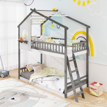 Twin over Twin House Bunk Bed with Roof and Guardrails for Kids