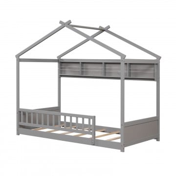 Twin Size House Bed with Storage Shelf and Headboard