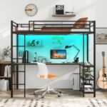 Twin Size Loft Bed Raised Platform Bed with Desk and 2 Storage Shelves