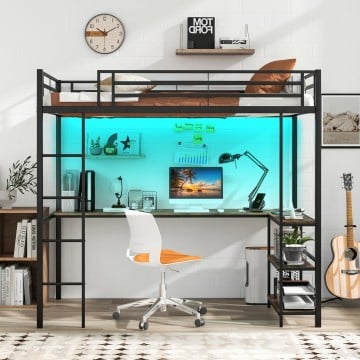 Twin Size Loft Bed Raised Platform Bed with Desk and 2 Storage Shelves