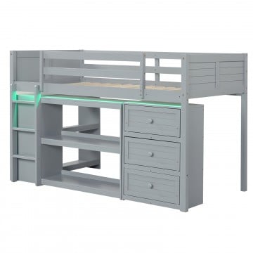 Twin Size Loft Bed with LED Lights and Underbed Space for Kids