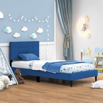 Twin Size Upholstered Platform Bed with Button Tufted Headboard and Wooden Slats