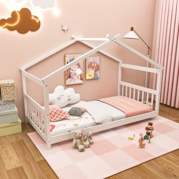Twin Size Wooden House Bed with Roof