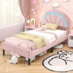 Upholstered LED Bed Frame with Adjustable Flower Headboard and Metal Support Feet Pink