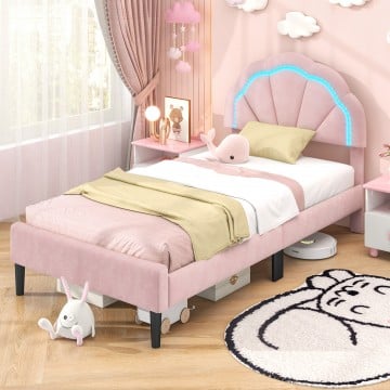 Upholstered LED Bed Frame with Adjustable Flower Headboard and Metal Support Feet Pink