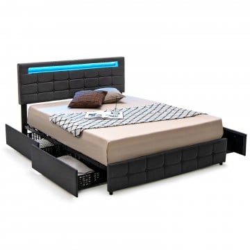 Upholstered LED Bed Frame with Headboard and Drawers-Gray