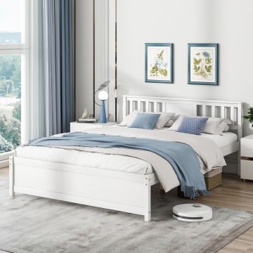 Wooden Platform Bed with Headboard and Wood Slat Support White